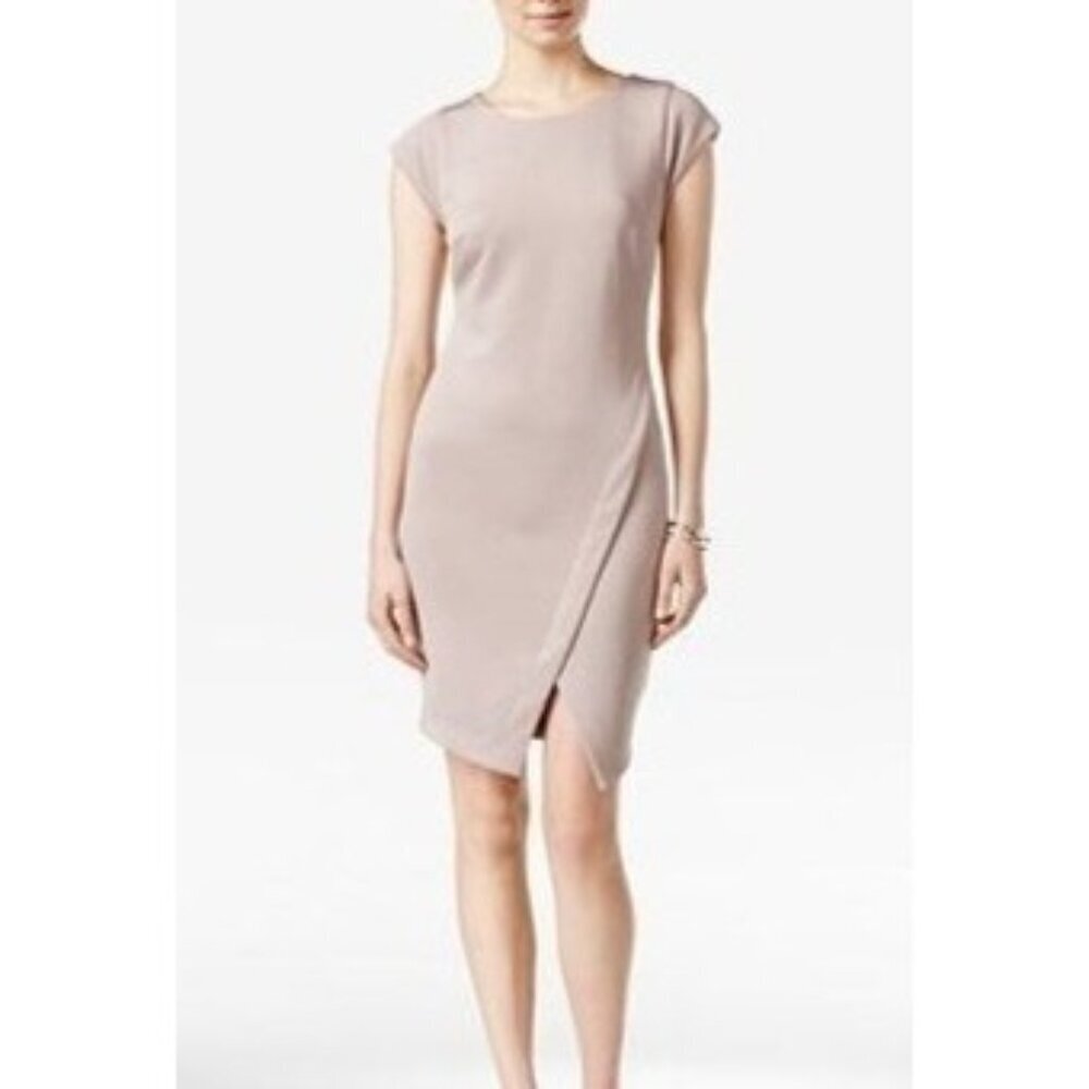 Bar III Sheath Dress Women XS Beige Ribbed Cap Sleeve Form Fit Office Date Event